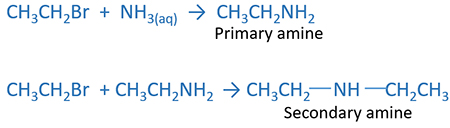 Excess ammonia and less alkyl halide